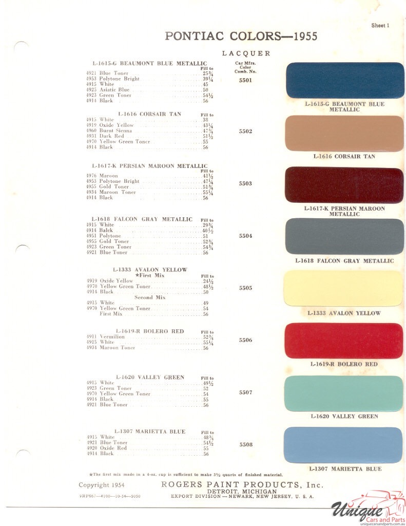 1955 Pontiac Paint Charts Rogers 1